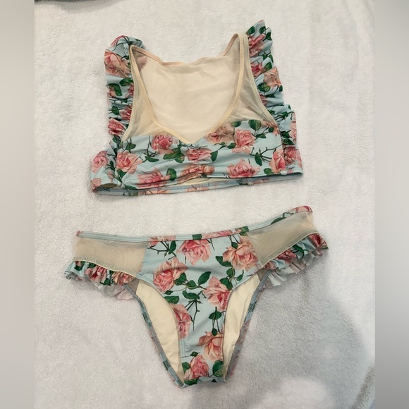 Wildfox Pink and Green Bikini Set with Ruffle Details